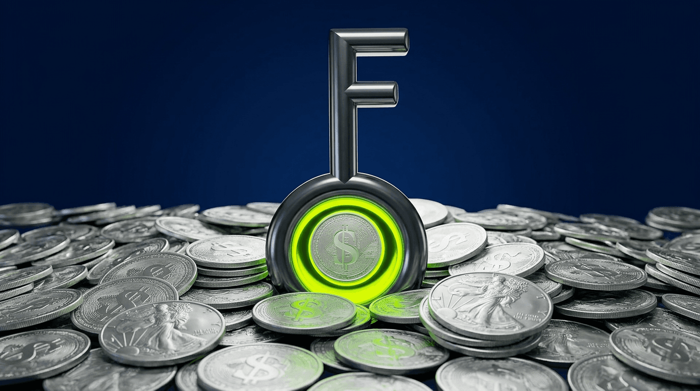 Chrome FinVibe key mark standing in a bed of silver dollar coins
